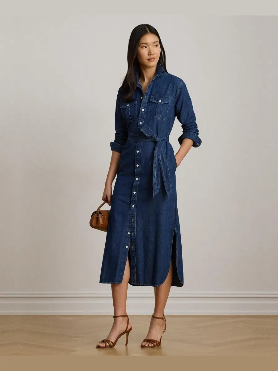 Джинсовое платье-рубашка миди с поясом Lauren Ralph Lauren, Harvest Wash