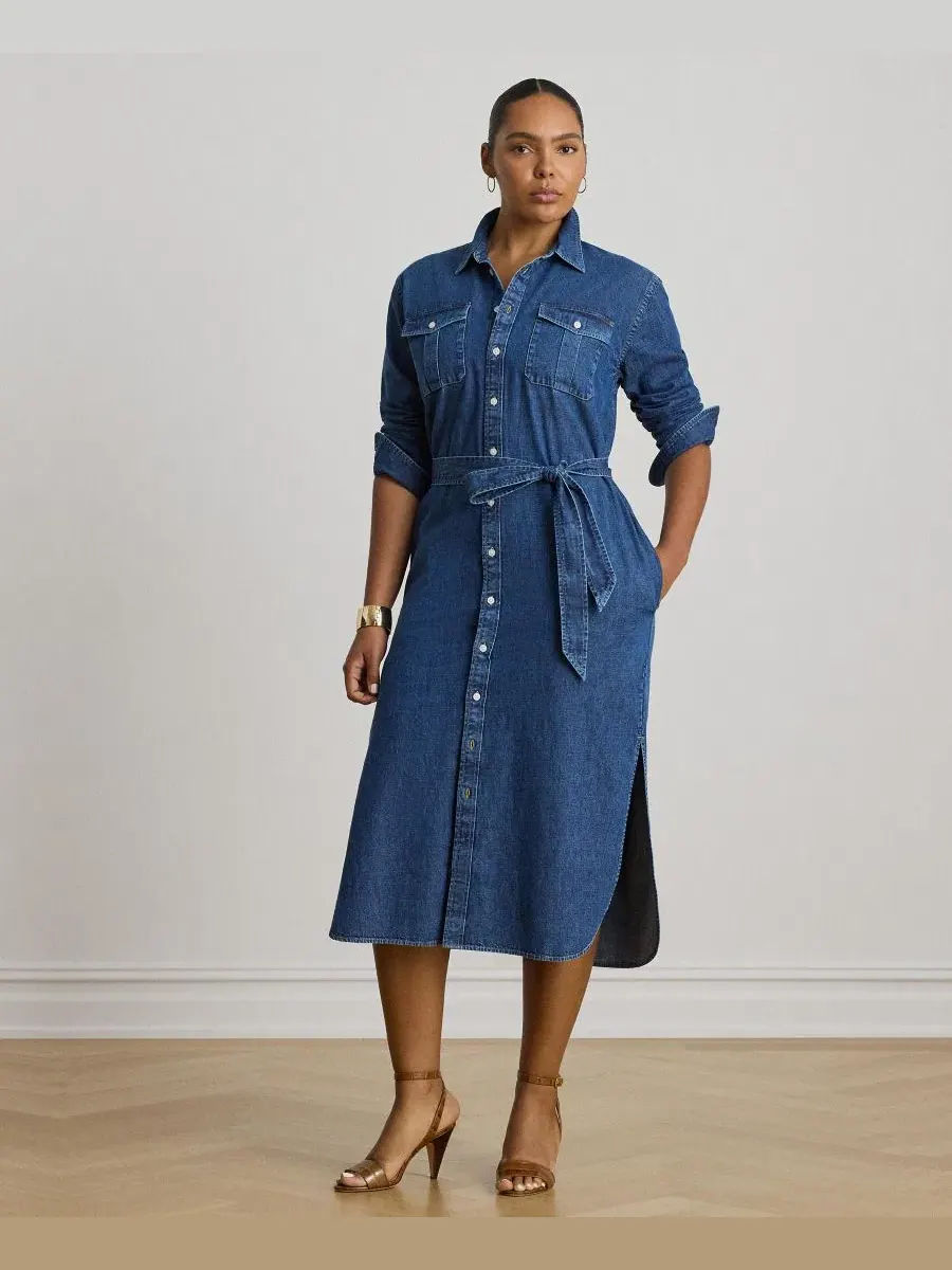 Джинсовое платье-рубашка миди с поясом Lauren Ralph Lauren, Harvest Wash — изображение 2 из 7