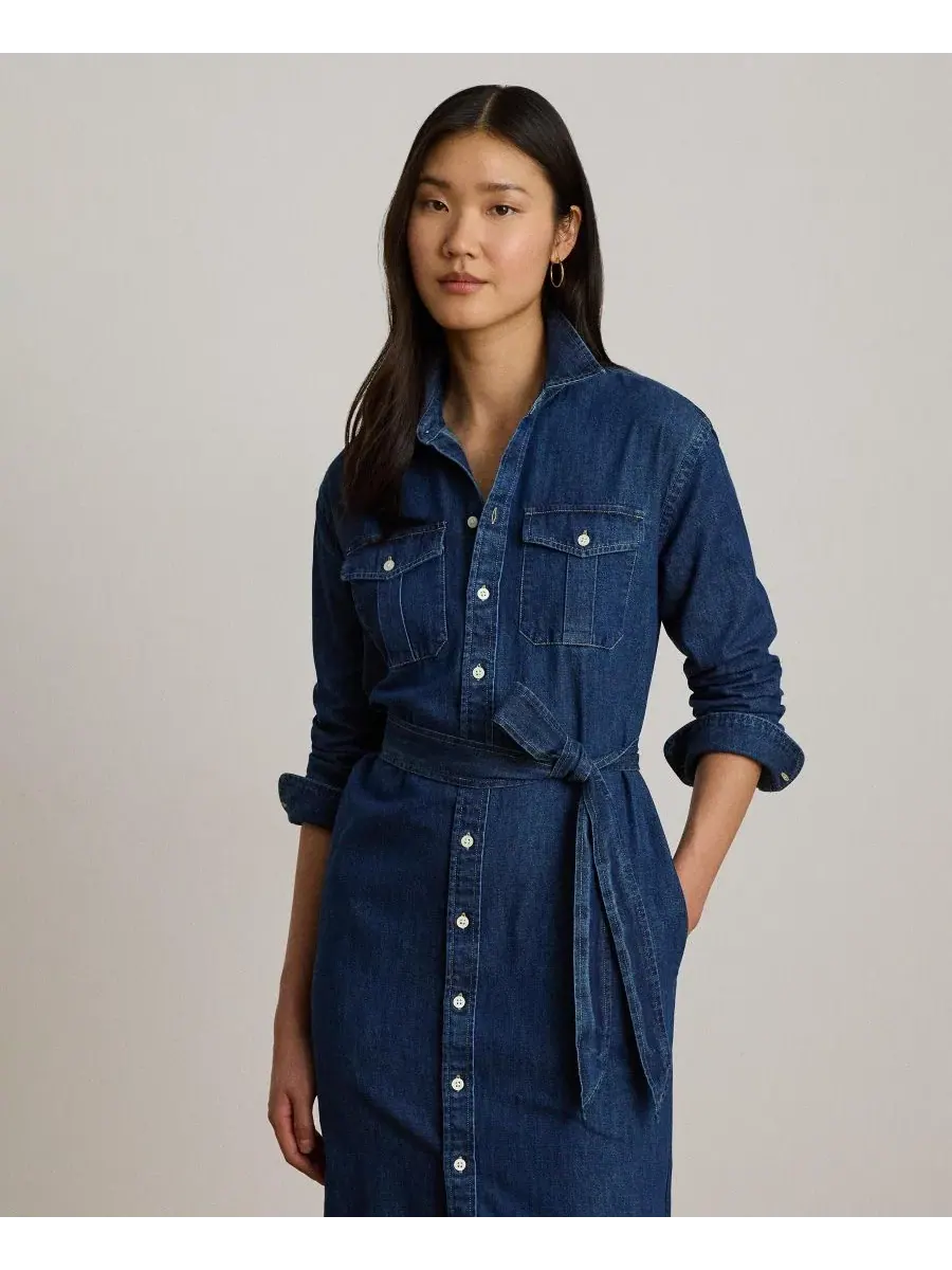 Джинсовое платье-рубашка миди с поясом Lauren Ralph Lauren, Harvest Wash — изображение 3 из 7