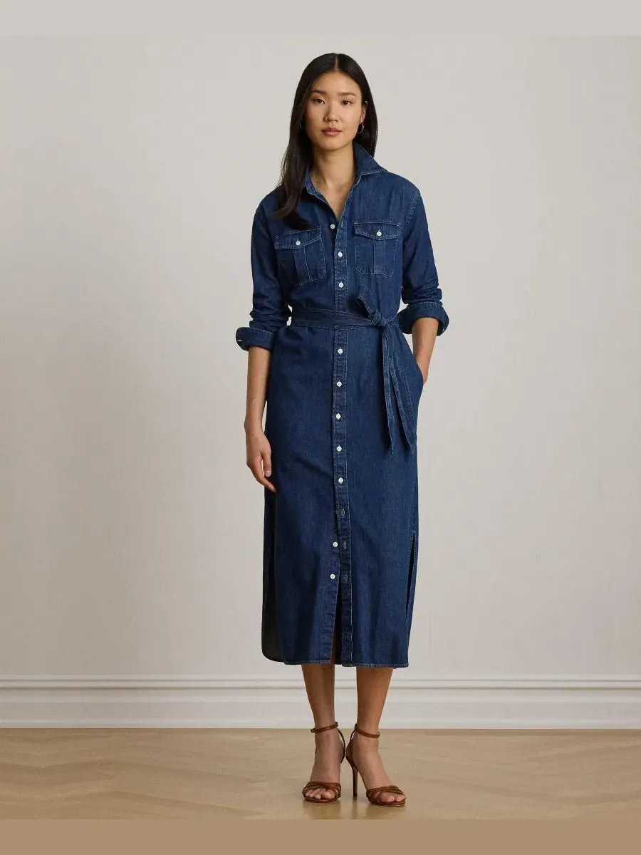 Джинсовое платье-рубашка миди с поясом Lauren Ralph Lauren, Harvest Wash — изображение 4 из 7