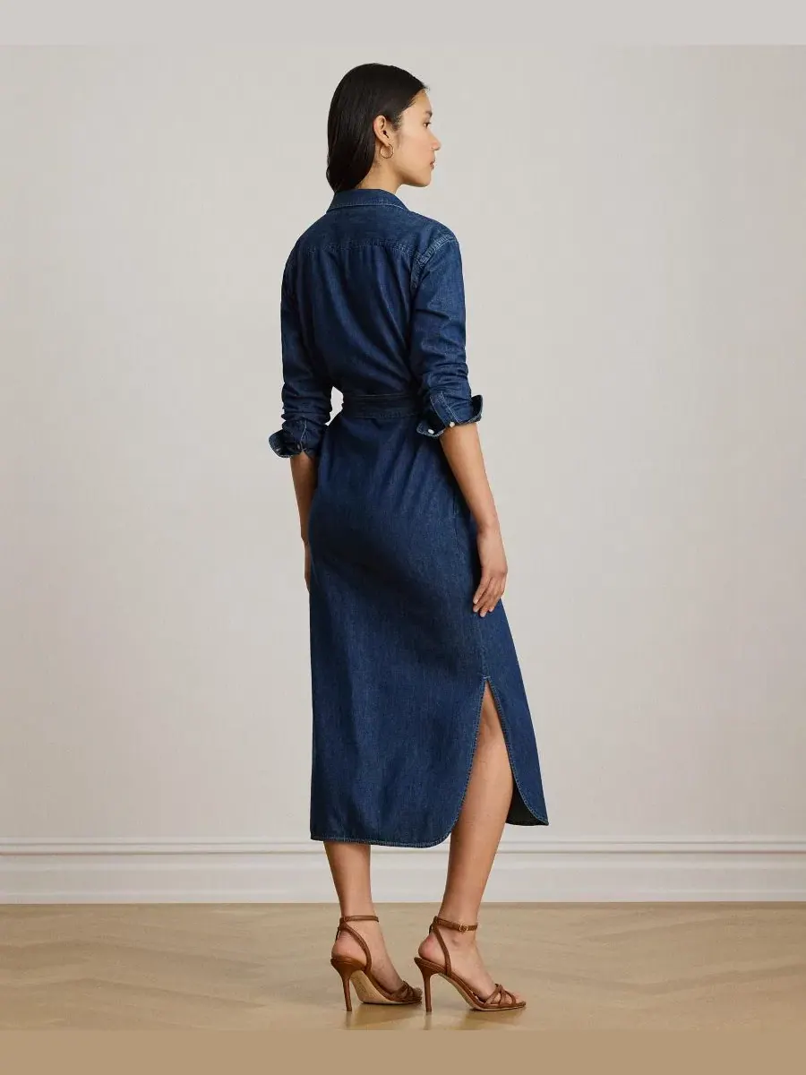 Джинсовое платье-рубашка миди с поясом Lauren Ralph Lauren, Harvest Wash — изображение 6 из 7