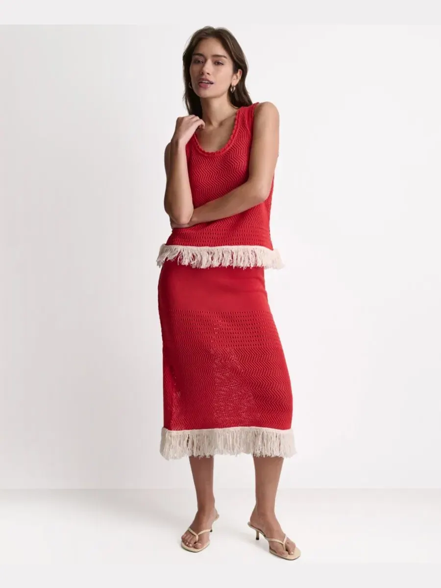 Женский топ-майка с открытой вязкой и бахромой BCBG, Firelily Buttercream — изображение 7 из 16