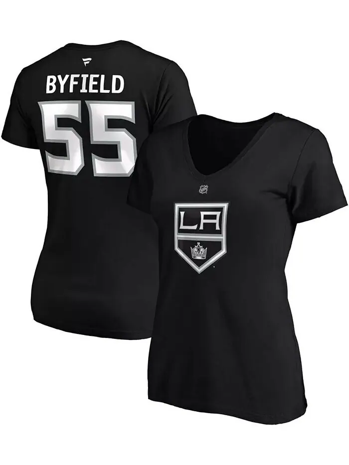 Женская черная футболка с v-образным вырезом с именем и номером Quinton Byfield Los Angeles Kings — изображение 1 из 3