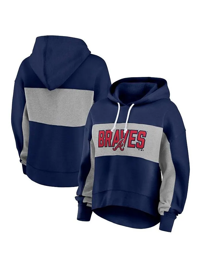 Женский темно-синий пуловер с капюшоном Atlanta Braves с наполнителем и принтом Fanatics — изображение 1 из 3