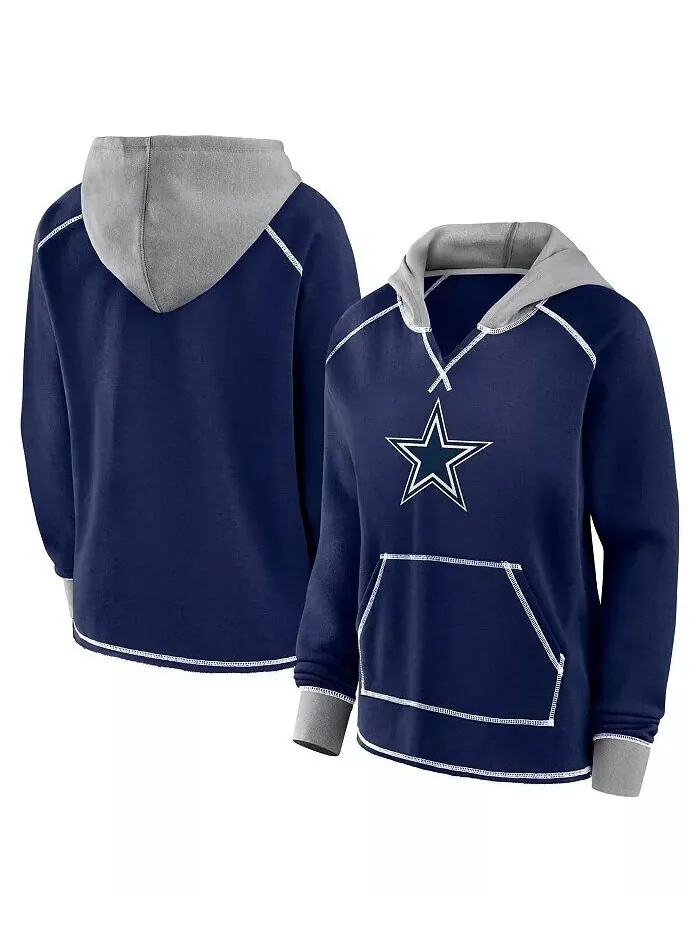 Женская флисовая кофта-пуловер с капюшоном и V-образным вырезом Dallas Cowboys Boom Navy Logo — изображение 1 из 3