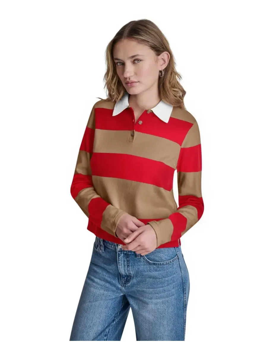 Женский хлопковый поло с длинными рукавами, логотипом и полосками DKNY Jeans, Punch/Travertine — изображение 1 из 7