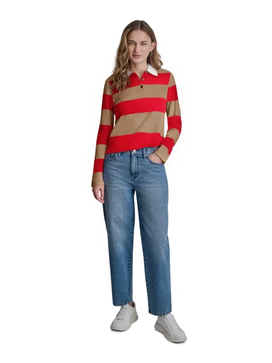 Женский хлопковый поло с длинными рукавами, логотипом и полосками DKNY Jeans, Punch/Travertine — изображение 2 из 7