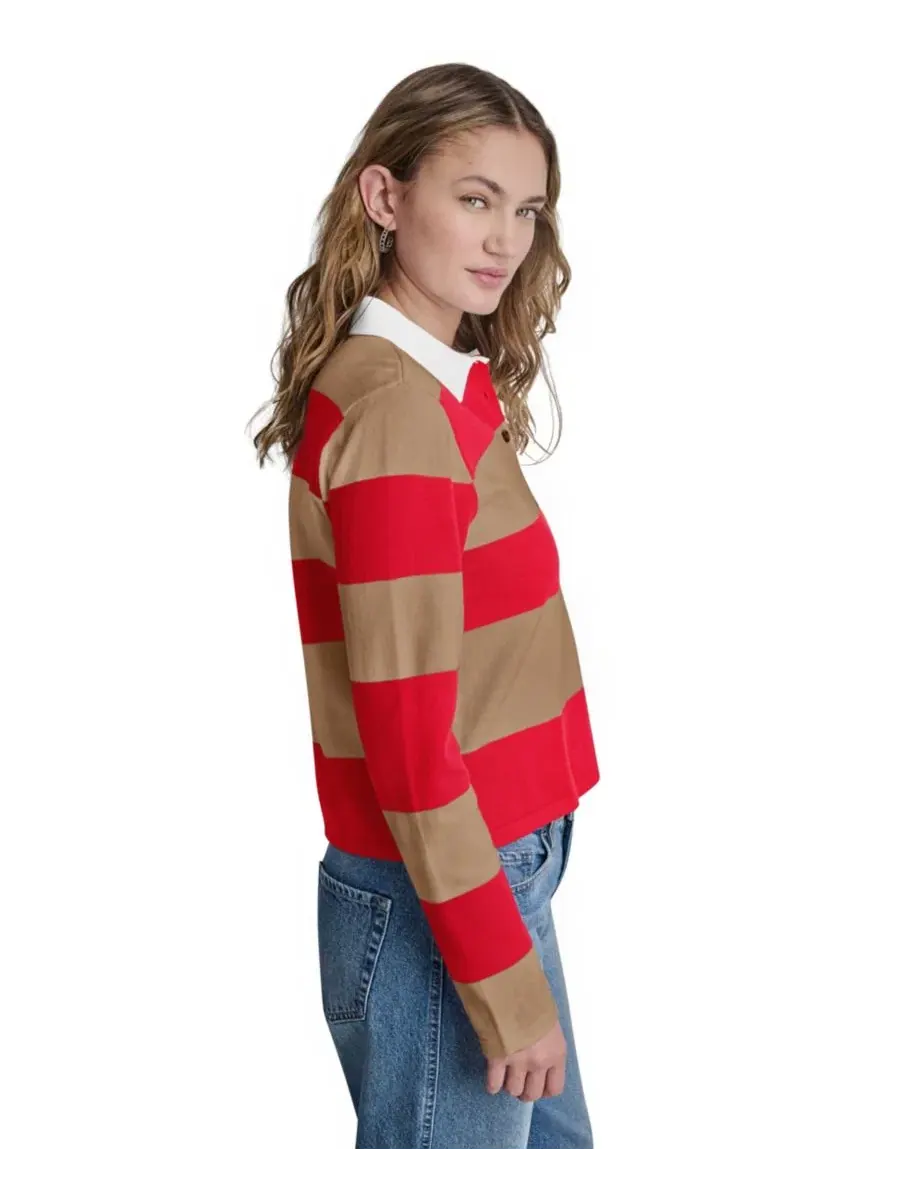 Женский хлопковый поло с длинными рукавами, логотипом и полосками DKNY Jeans, Punch/Travertine — изображение 3 из 7
