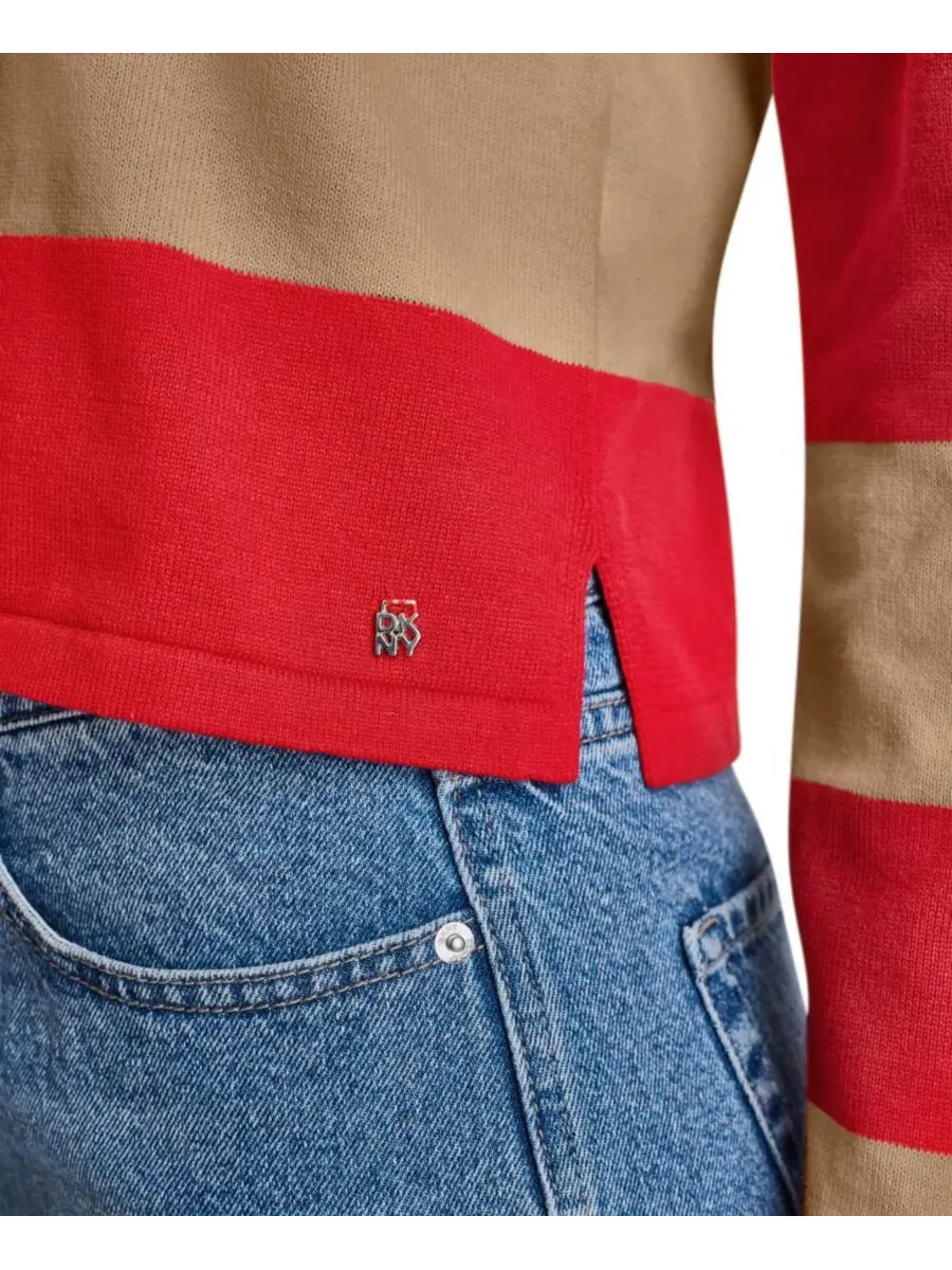 Женский хлопковый поло с длинными рукавами, логотипом и полосками DKNY Jeans, Punch/Travertine — изображение 4 из 7