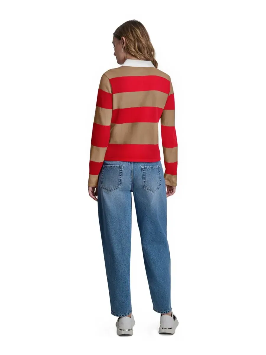 Женский хлопковый поло с длинными рукавами, логотипом и полосками DKNY Jeans, Punch/Travertine — изображение 5 из 7