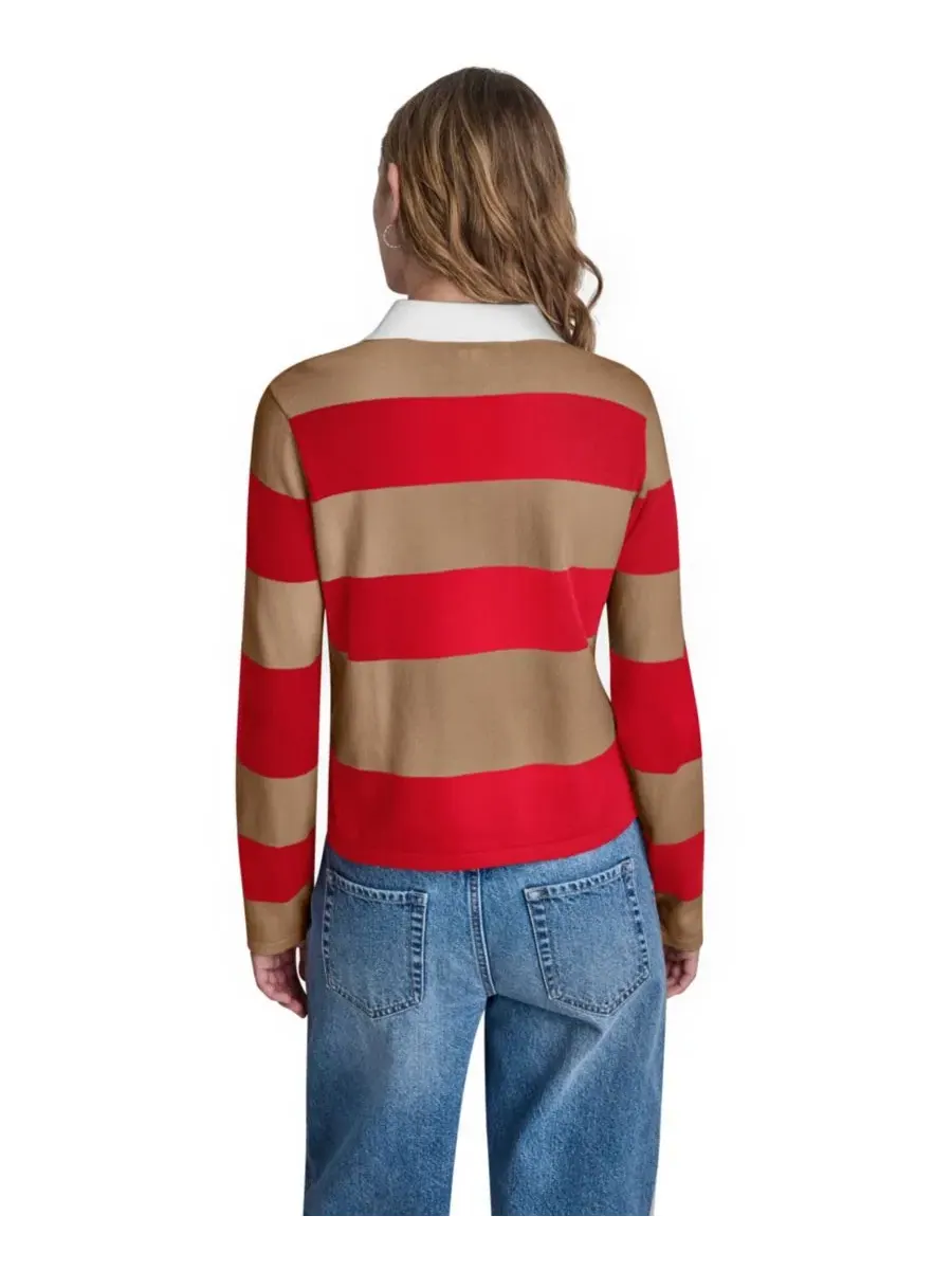 Женский хлопковый поло с длинными рукавами, логотипом и полосками DKNY Jeans, Punch/Travertine — изображение 6 из 7