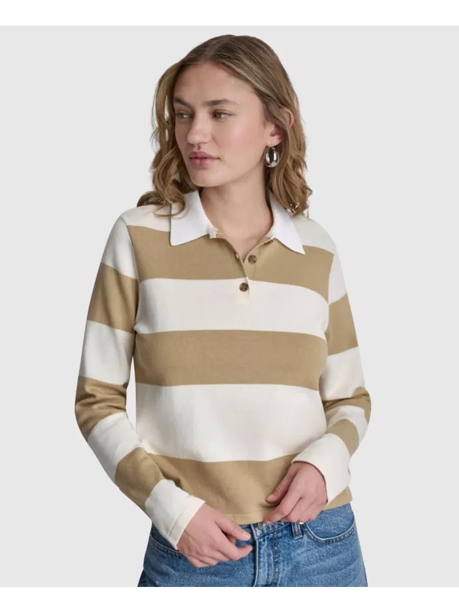 Женский хлопковый поло с длинными рукавами, логотипом и полосками DKNY Jeans, Travertine/Eggnog — изображение 1 из 7