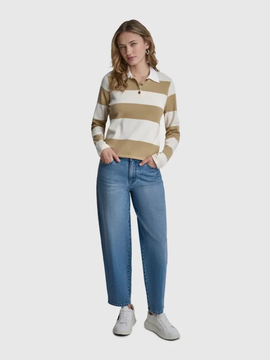 Женский хлопковый поло с длинными рукавами, логотипом и полосками DKNY Jeans, Travertine/Eggnog — изображение 2 из 7