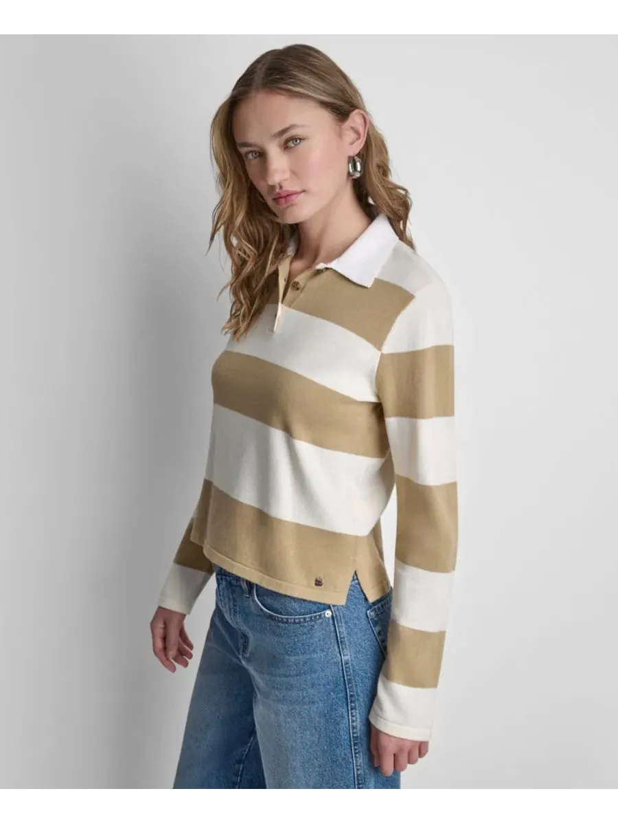 Женский хлопковый поло с длинными рукавами, логотипом и полосками DKNY Jeans, Travertine/Eggnog — изображение 3 из 7
