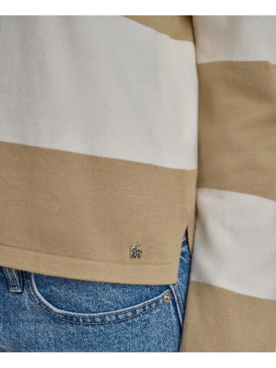 Женский хлопковый поло с длинными рукавами, логотипом и полосками DKNY Jeans, Travertine/Eggnog — изображение 4 из 7
