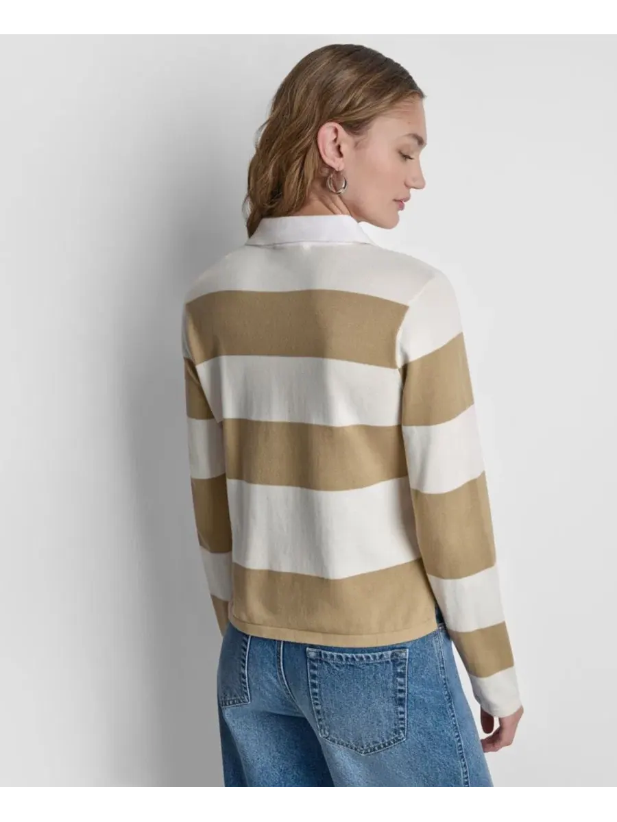 Женский хлопковый поло с длинными рукавами, логотипом и полосками DKNY Jeans, Travertine/Eggnog — изображение 5 из 7