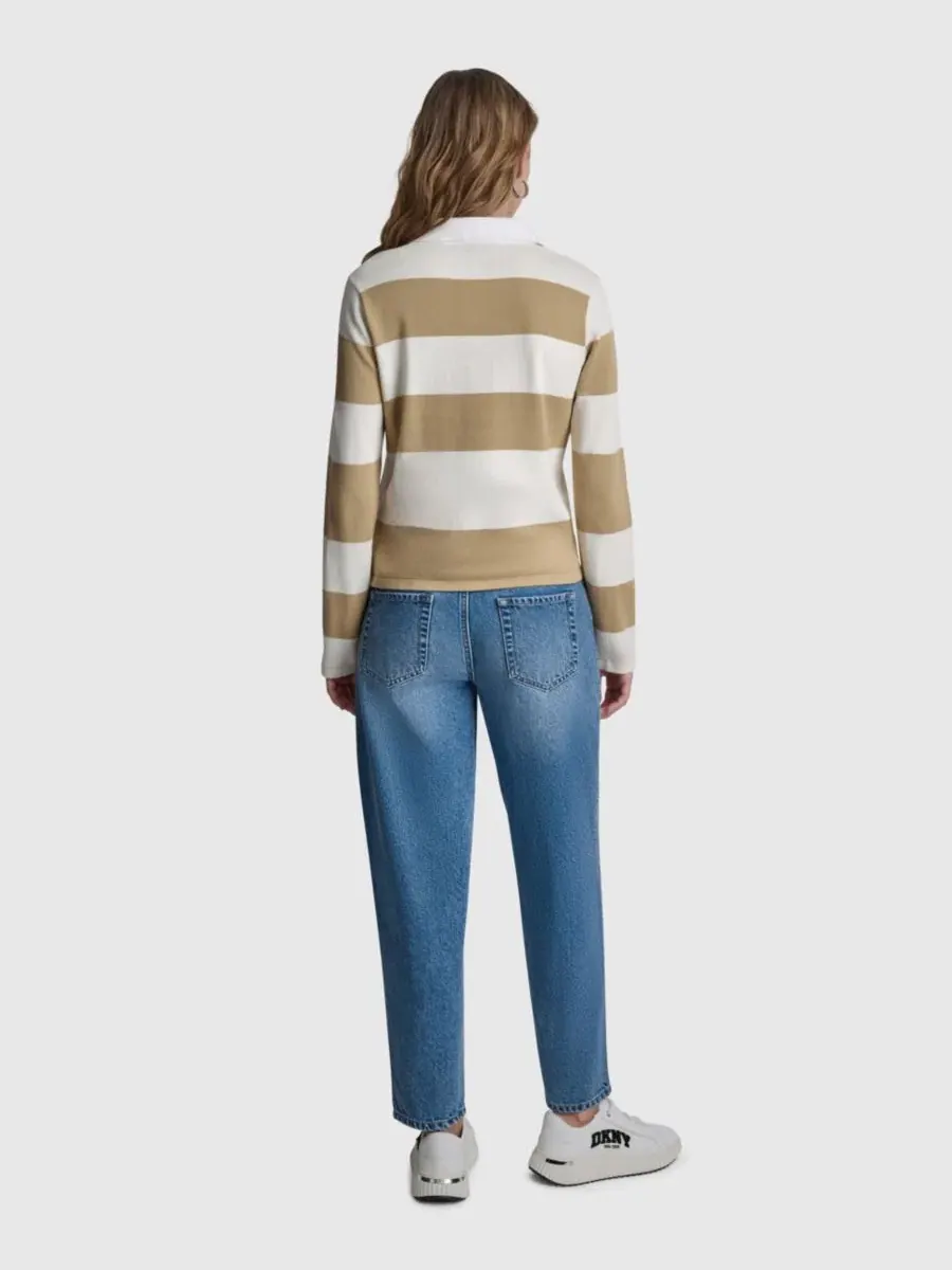 Женский хлопковый поло с длинными рукавами, логотипом и полосками DKNY Jeans, Travertine/Eggnog — изображение 6 из 7
