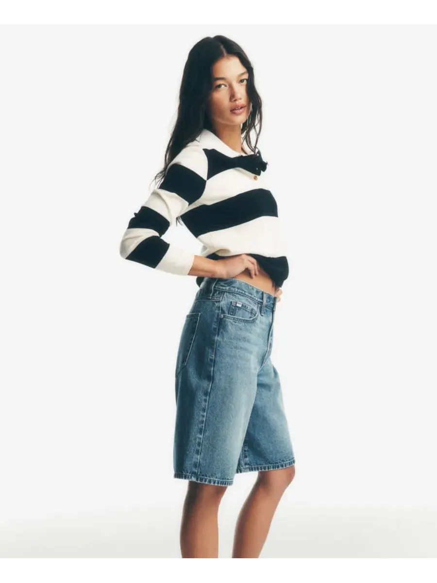 Женский хлопковый поло с длинными рукавами, логотипом и полосками DKNY Jeans, Travertine/Eggnog — изображение 7 из 7