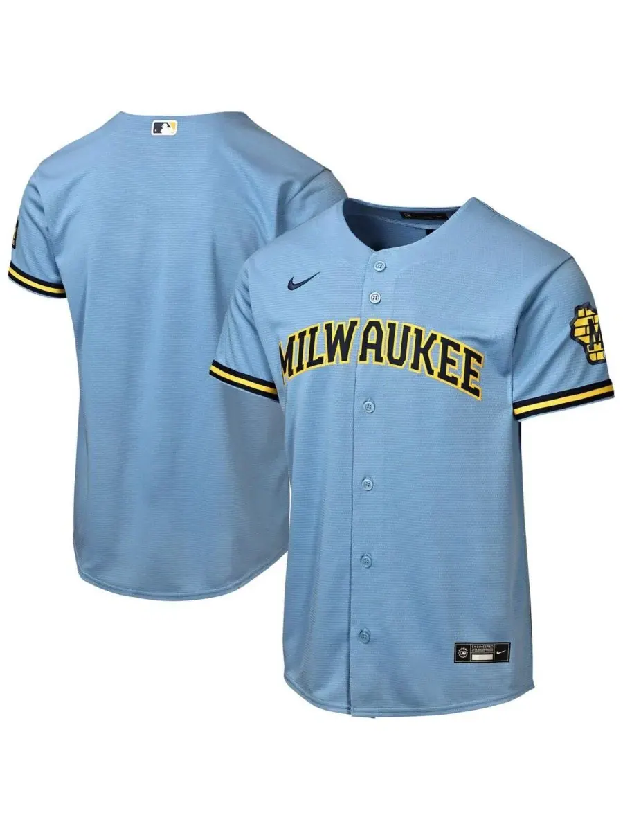 Детская футболка Milwaukee Brewers Road Stadium нежно-голубого цвета, для мальчиков и девочек Nike