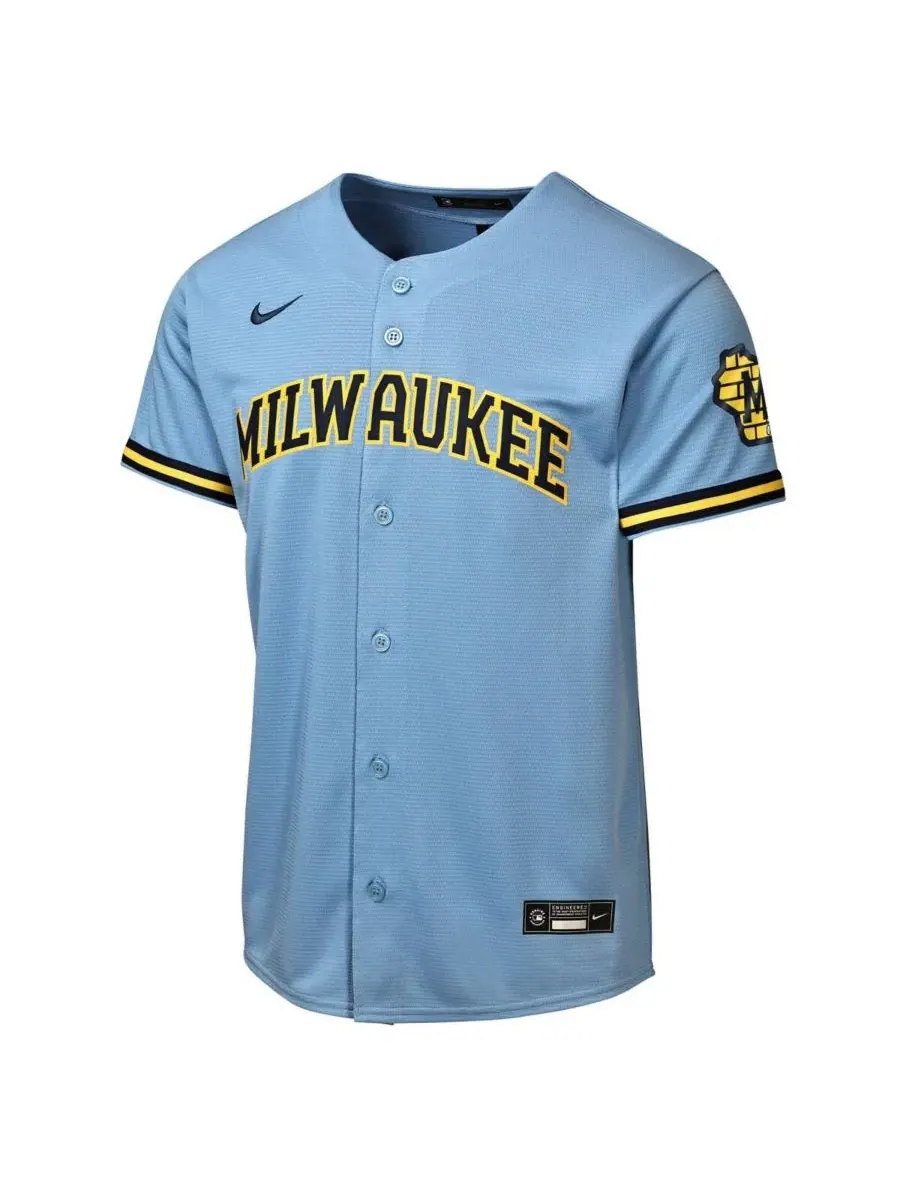 Детская футболка Milwaukee Brewers Road Stadium нежно-голубого цвета, для мальчиков и девочек Nike — изображение 2 из 3