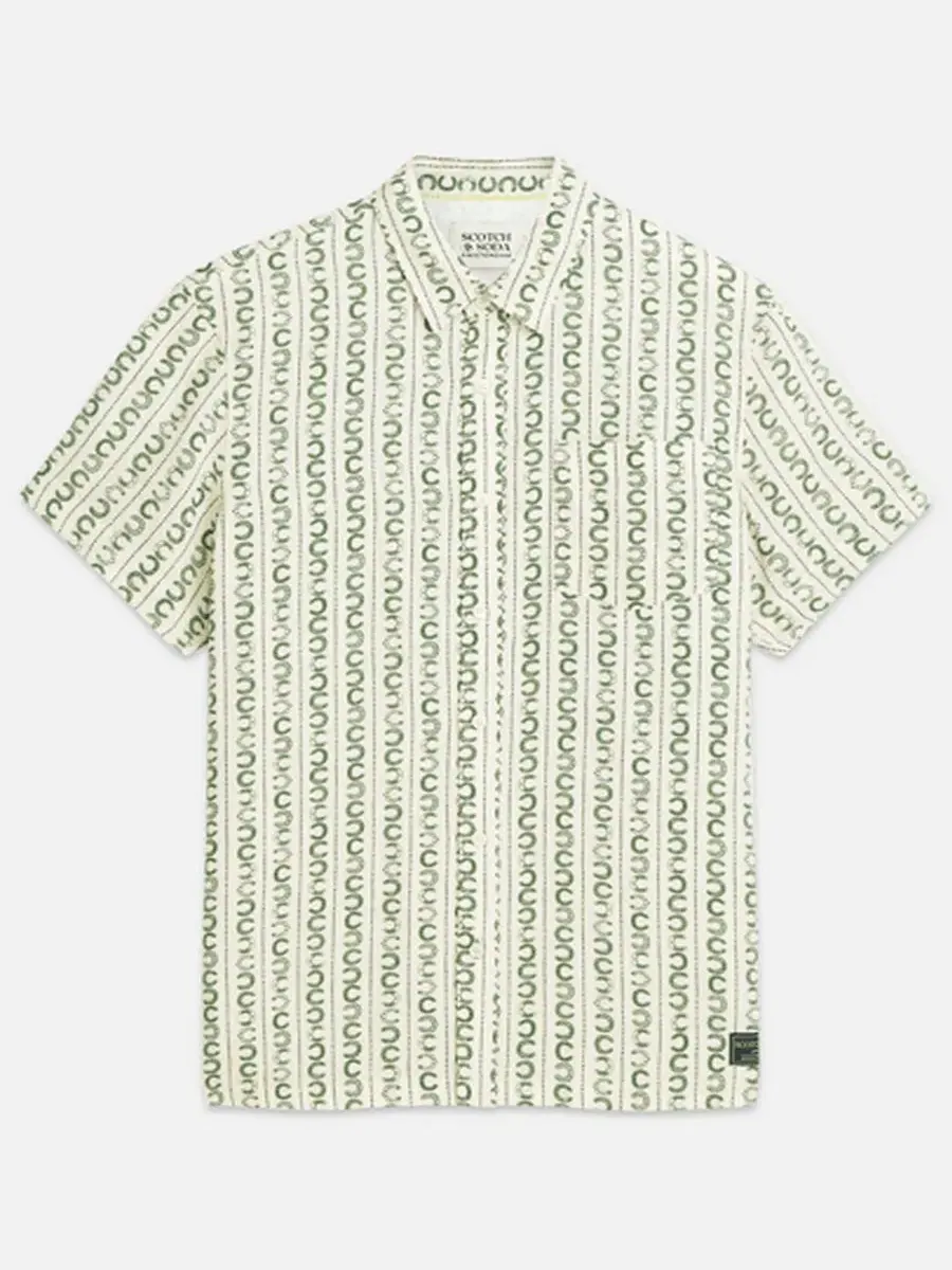Мужская рубашка с коротким рукавом из льна с принтом SCOTCH & SODA, Horseshoe Stripe Eggnog — изображение 5 из 8