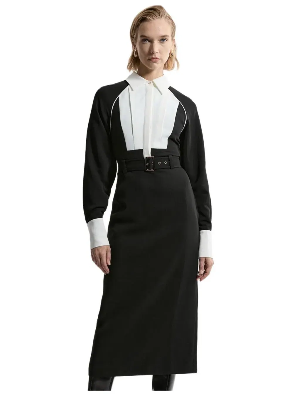 Женское миди-платье из саржевой ткани с воротником Karen Millen, Mono — изображение 3 из 8
