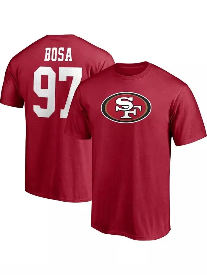 Мужская футболка Nick Bosa Scarlet San Francisco 49ers со значком игрока, именем и номером Fanatics — изображение 1 из 3