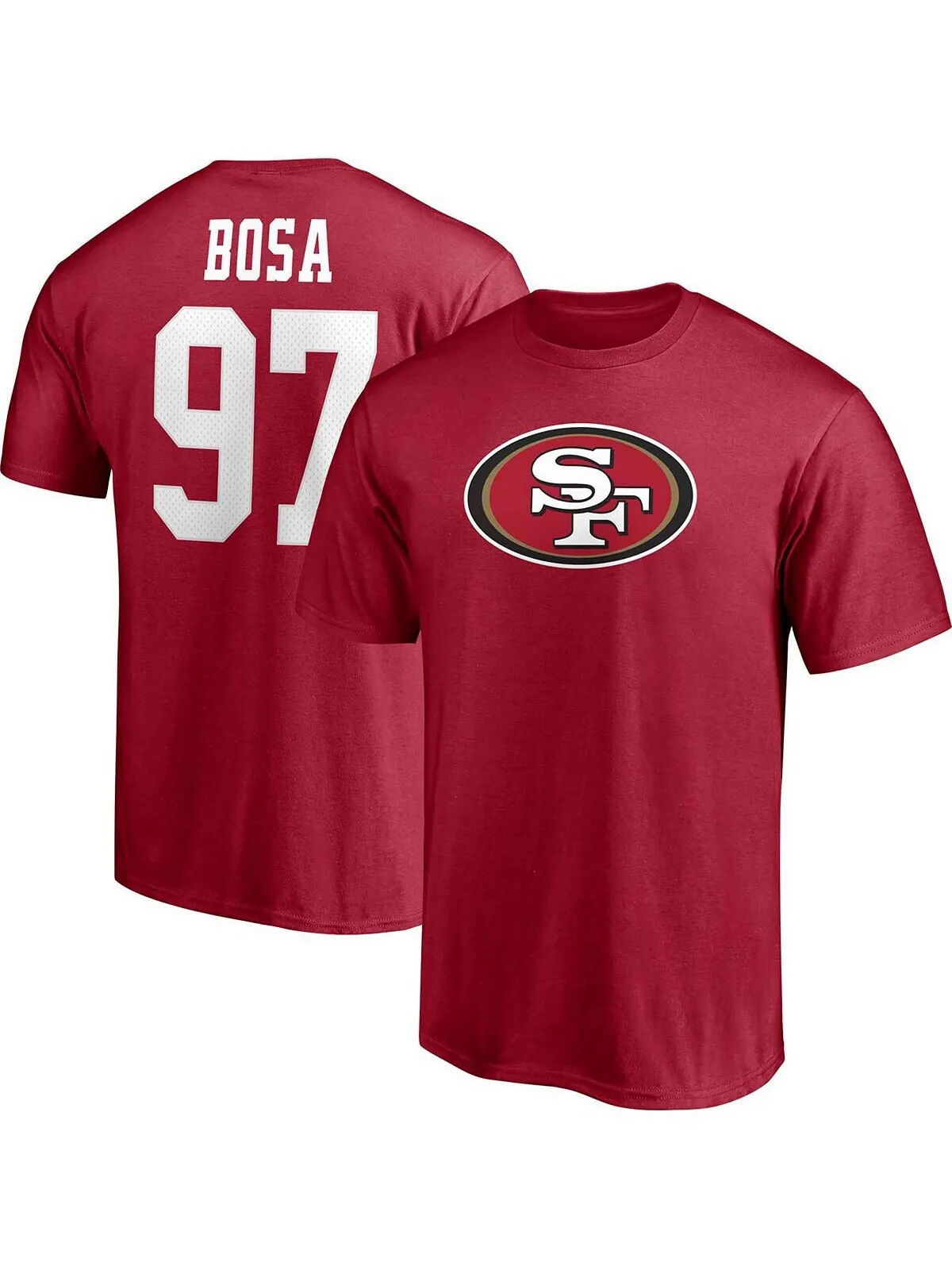 Мужская футболка Nick Bosa Scarlet San Francisco 49ers со значком игрока, именем и номером Fanatics — изображение 1 из 3