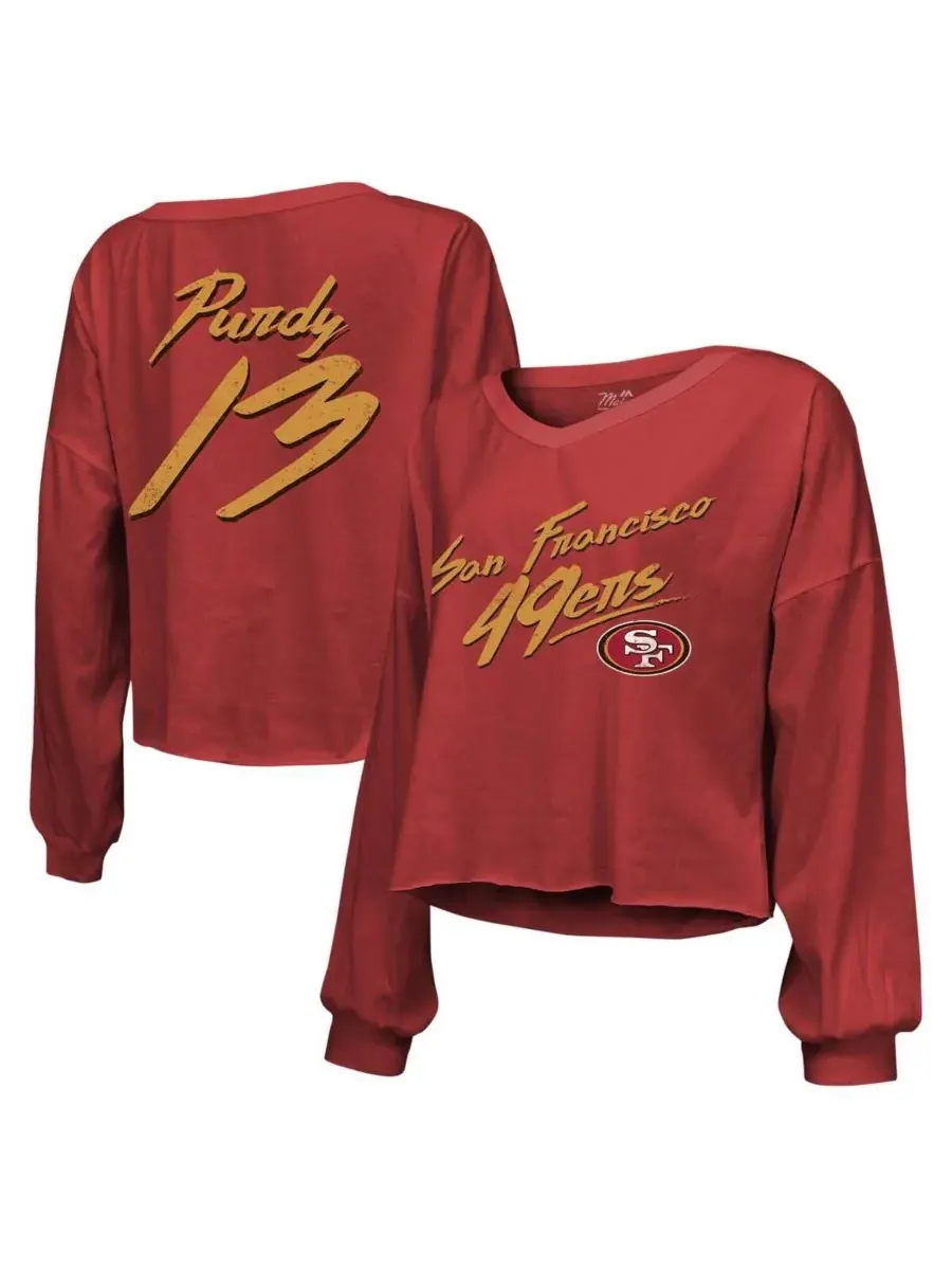 Женская футболка Threads Brock Purdy Scarlet Distressed San Francisco 49ers с надписью "Имя и — красный