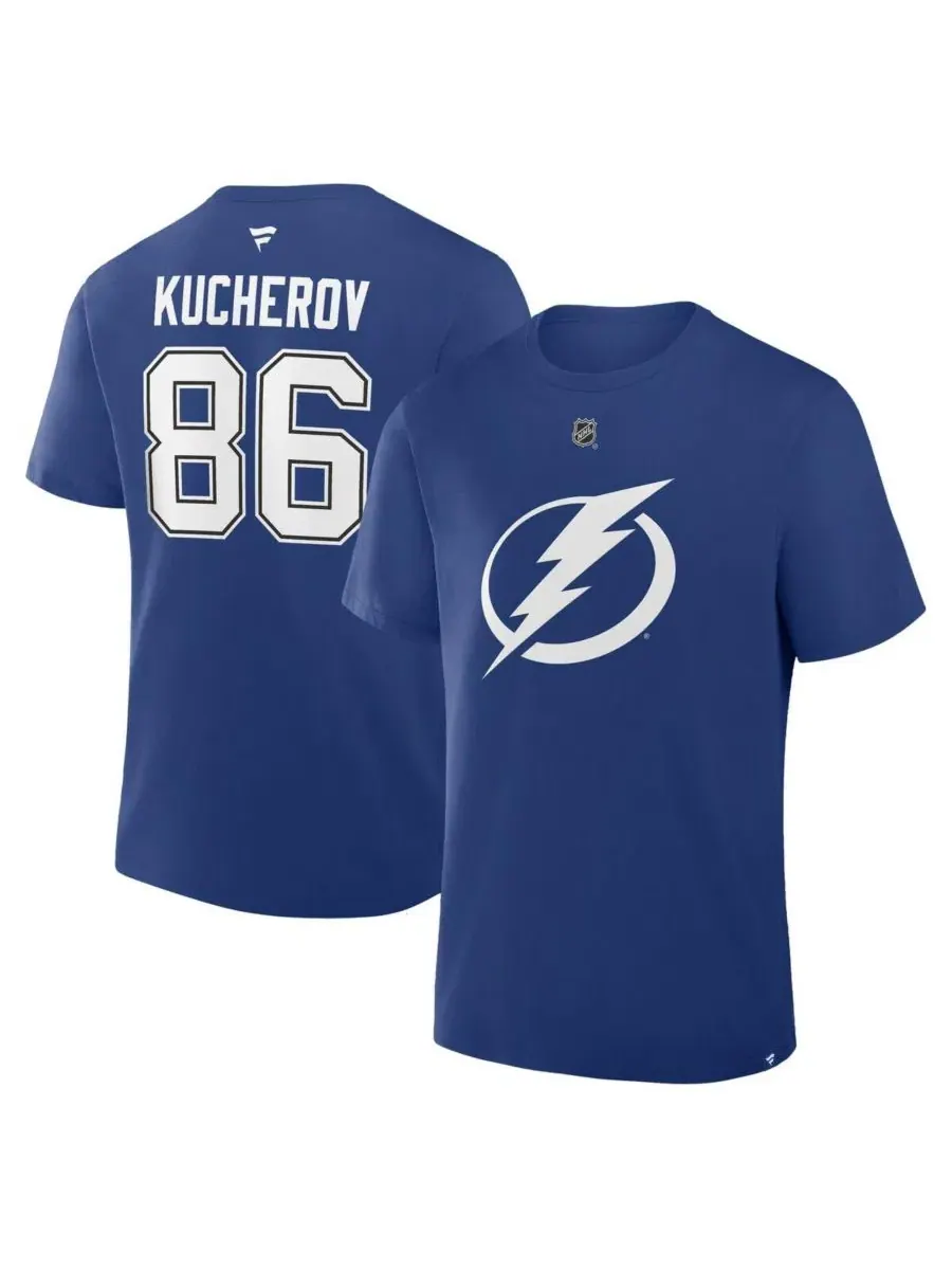 Мужская синяя футболка Никиты Кучерова с логотипом команды Tampa Bay Lightning, с именем и номером — изображение 1 из 3