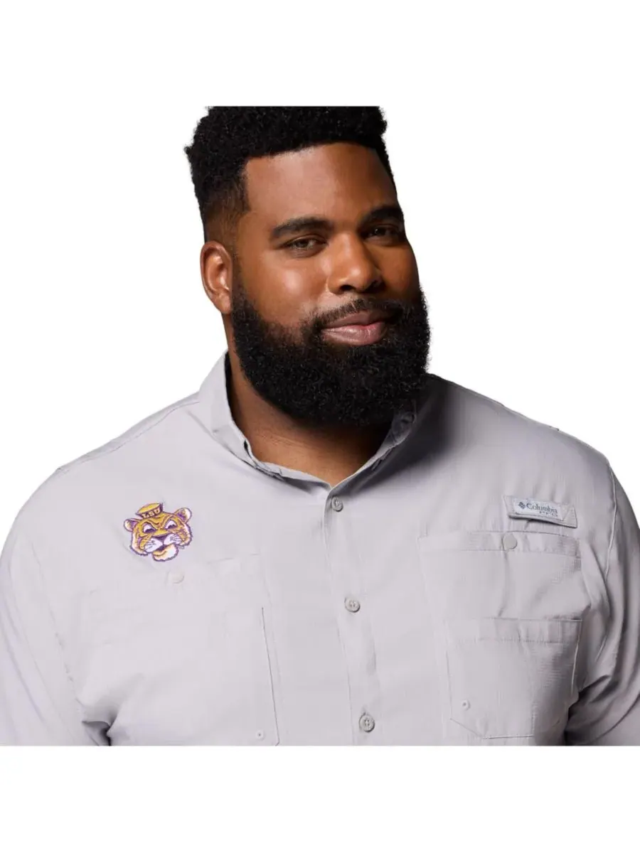 Columbia Мужская серая рубашка на пуговицах LSU Tigers Big Tall Tamiami Omni-Shade — изображение 5 из 5, серый