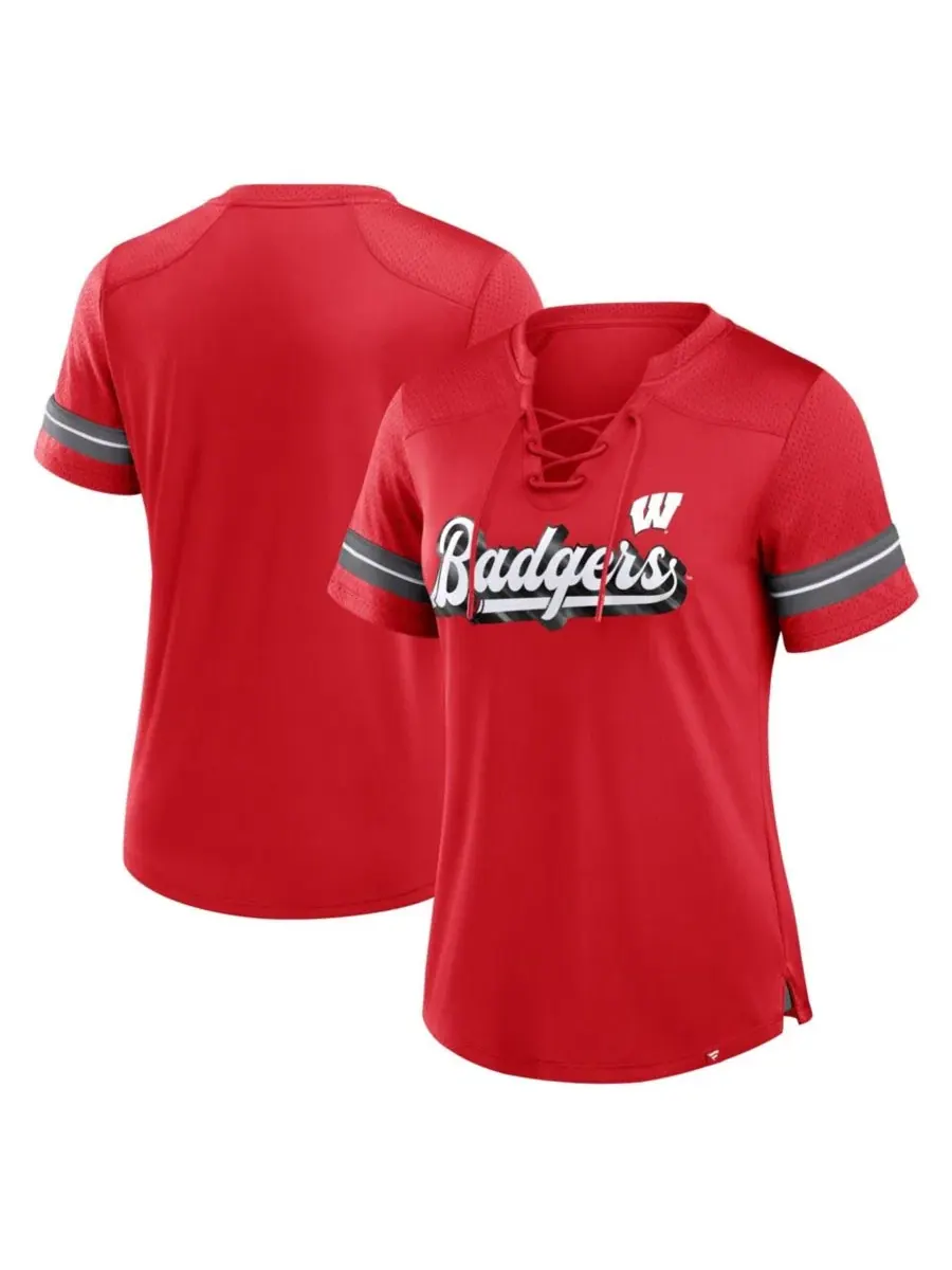 Футболка с кружевным V-вырезом и перфорированными вставками, Wisconsin Badgers Fanatics — изображение 1 из 3, красный