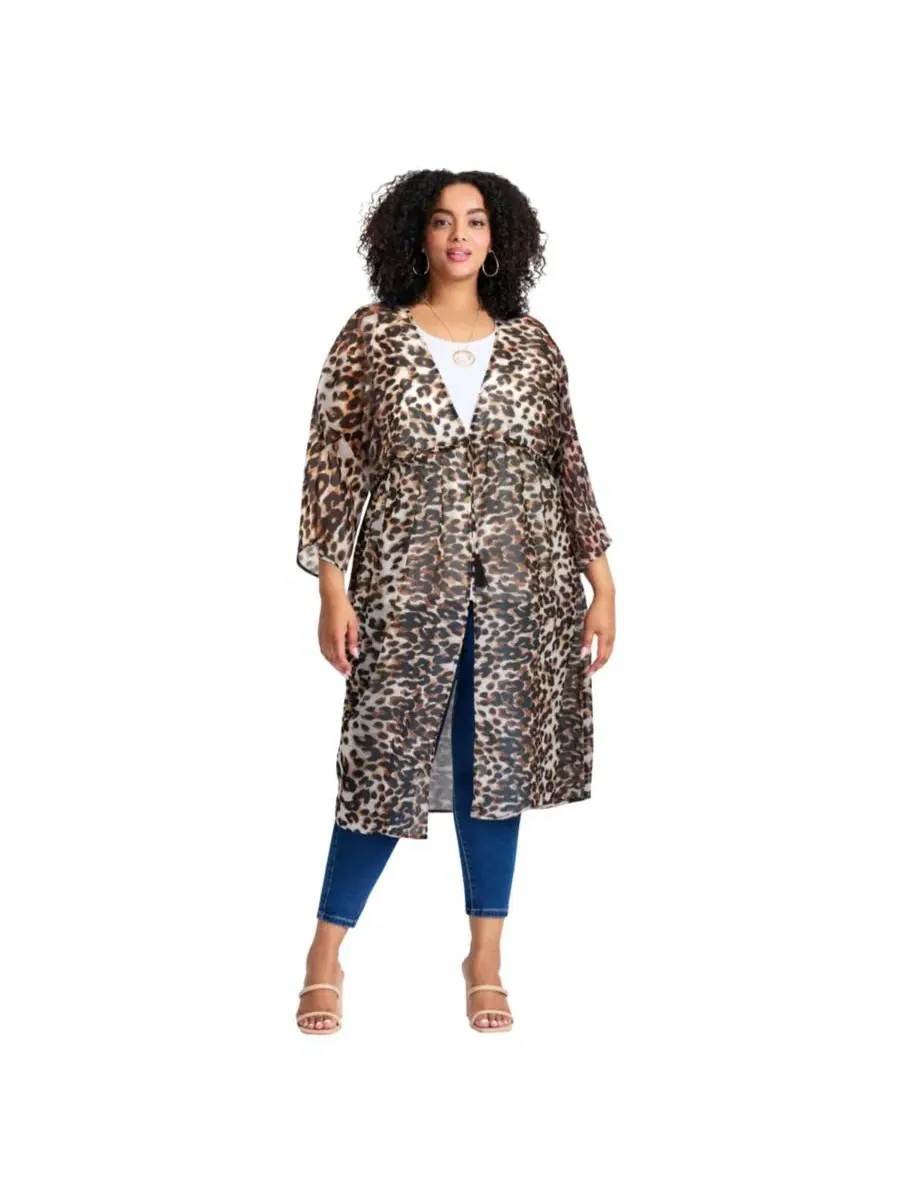 Кардиган-кимоно без застежки с завязками, 102 см, с принтом AVENUE, Neutral Brushed Cheetah — изображение 1 из 3