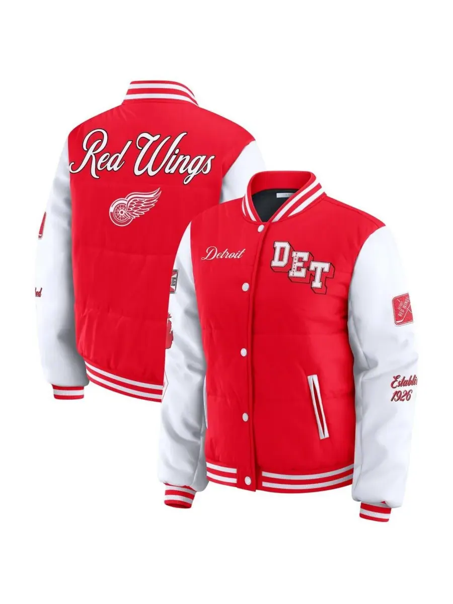 WEAR by Erin Andrews Женская красно-белая пуховая куртка Detroit Red Wings Varsity на кнопках — изображение 1 из 3