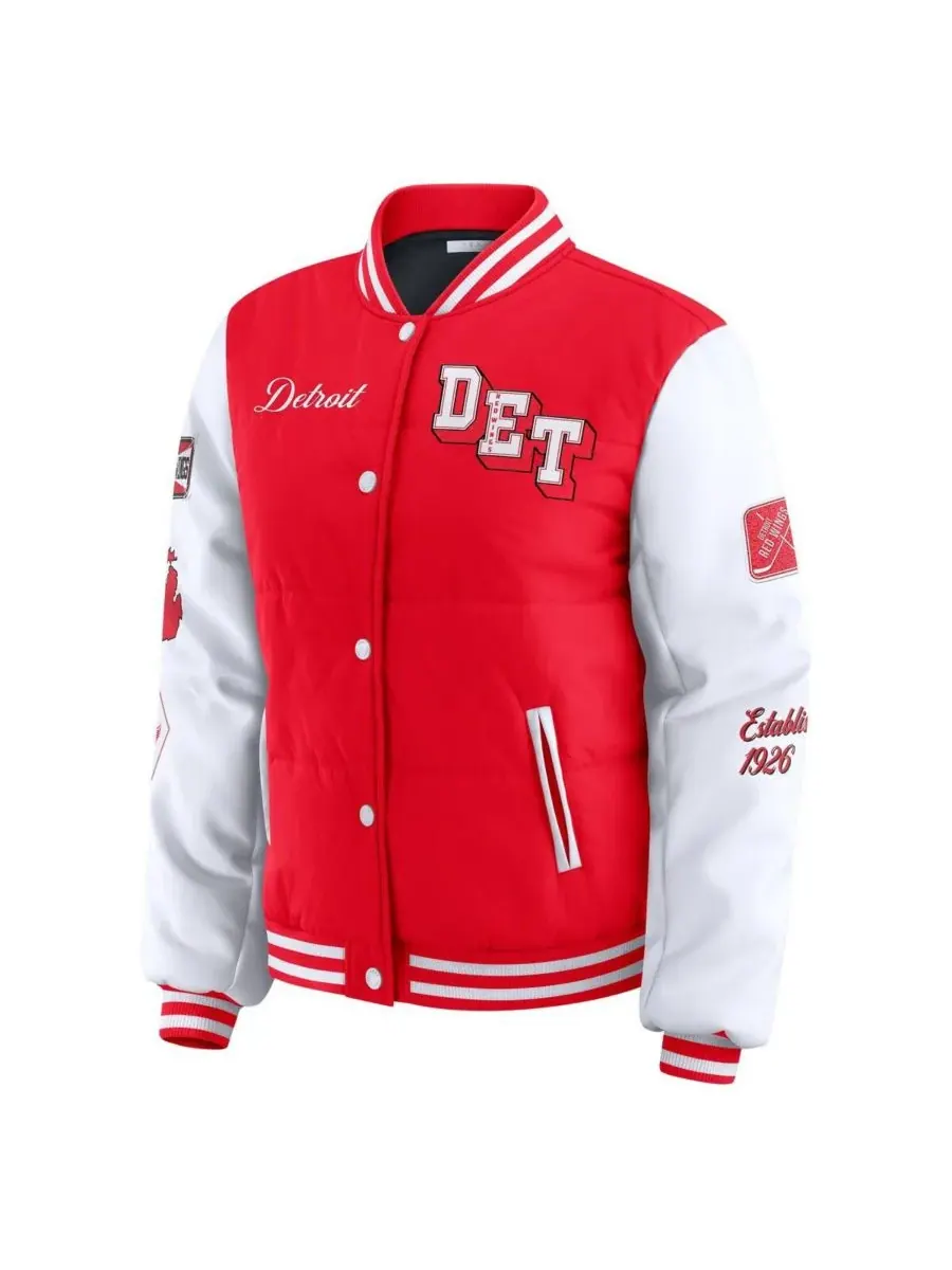 WEAR by Erin Andrews Женская красно-белая пуховая куртка Detroit Red Wings Varsity на кнопках — изображение 2 из 3