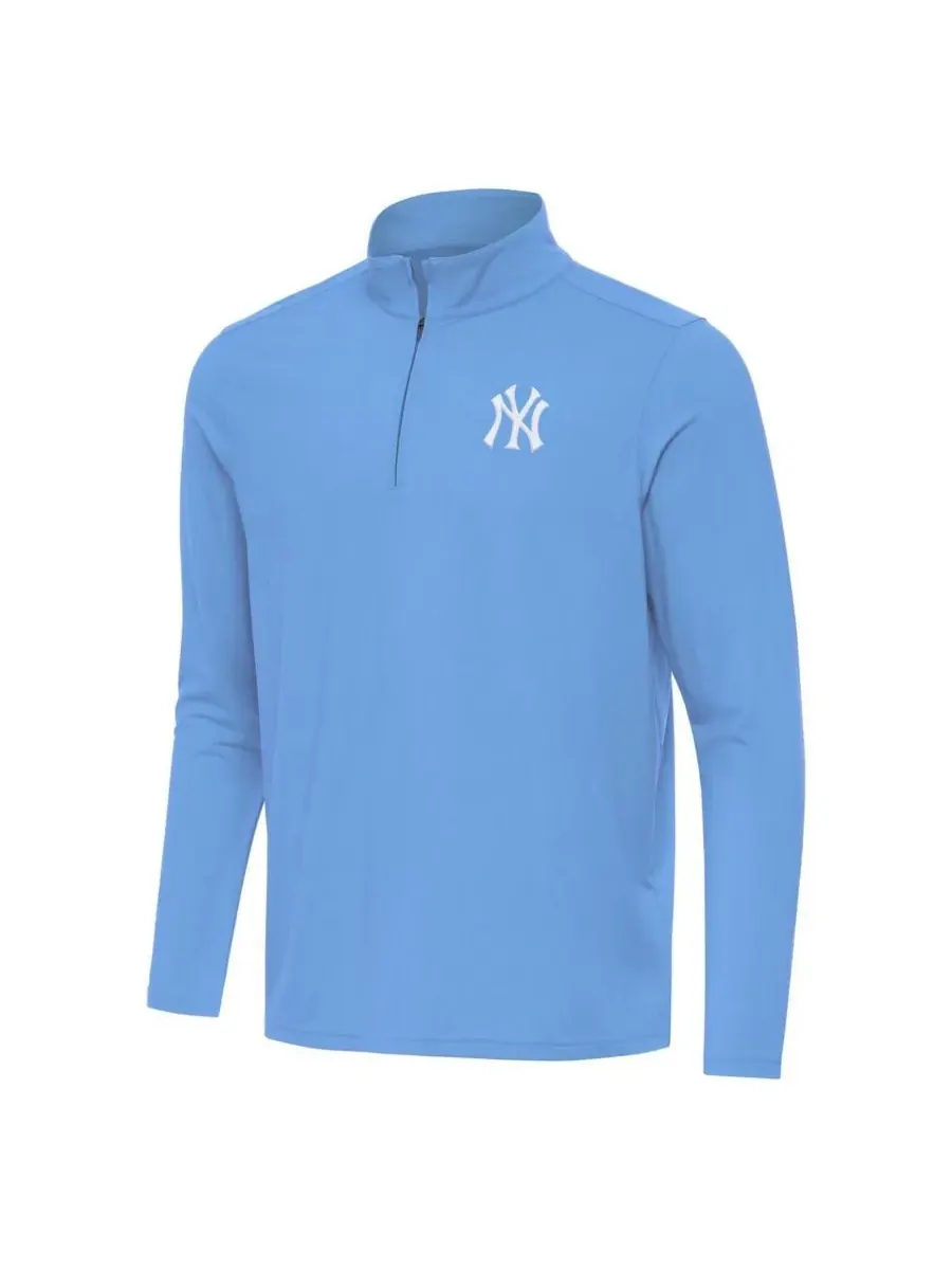 Antigua Мужская светло-голубая футболка New York Yankees Intent с застежкой-молнией до четверти — изображение 3 из 3, синий