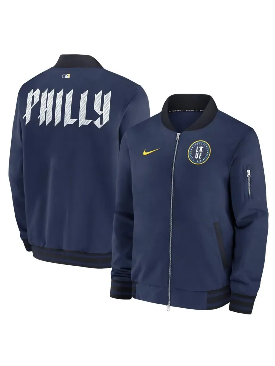 Nike Мужская темно-синяя куртка-бомбер Philadelphia Phillies 2024 City Connect Authentic Collection — изображение 1 из 3