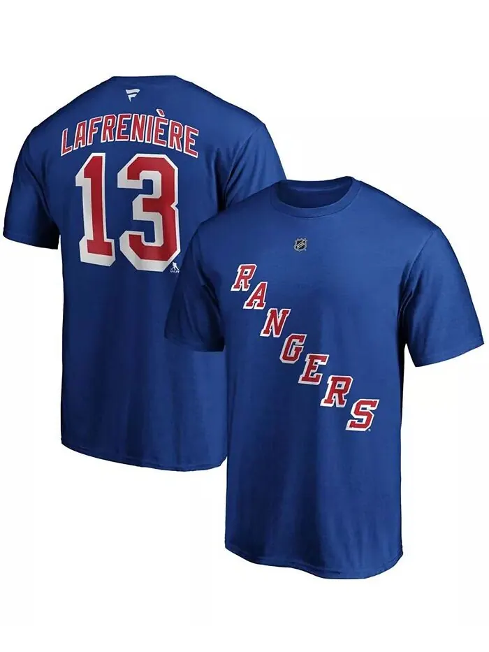 Мужская синяя футболка Alexis Lafrenière New York Rangers с аутентичным именем и номером Stack — изображение 1 из 3