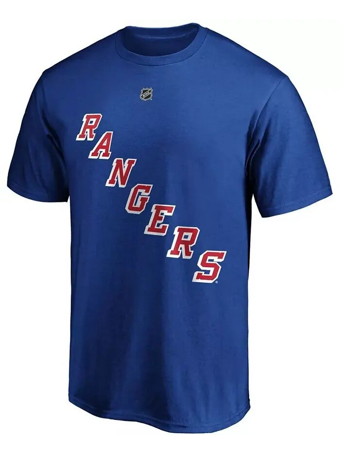 Мужская синяя футболка Alexis Lafrenière New York Rangers с аутентичным именем и номером Stack — изображение 2 из 3