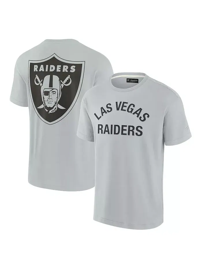 Мужская и женская серая супермягкая футболка с коротким рукавом Las Vegas Raiders Fanatics Signature