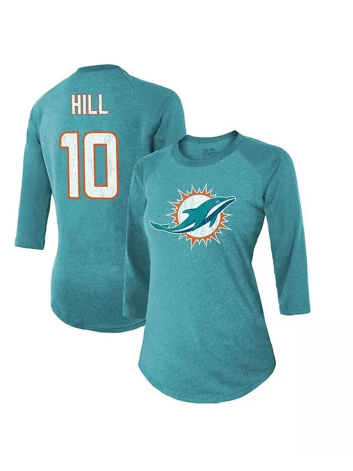 Женская футболка с принтом Tyreek Hill Aqua Miami Dolphins, имя и номер, футболка реглан с рукавами