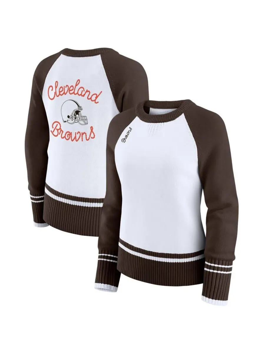 WEAR by Erin Andrews Женский бело-коричневый свитер-реглан с цветными блоками в стиле Cleveland — изображение 1 из 3