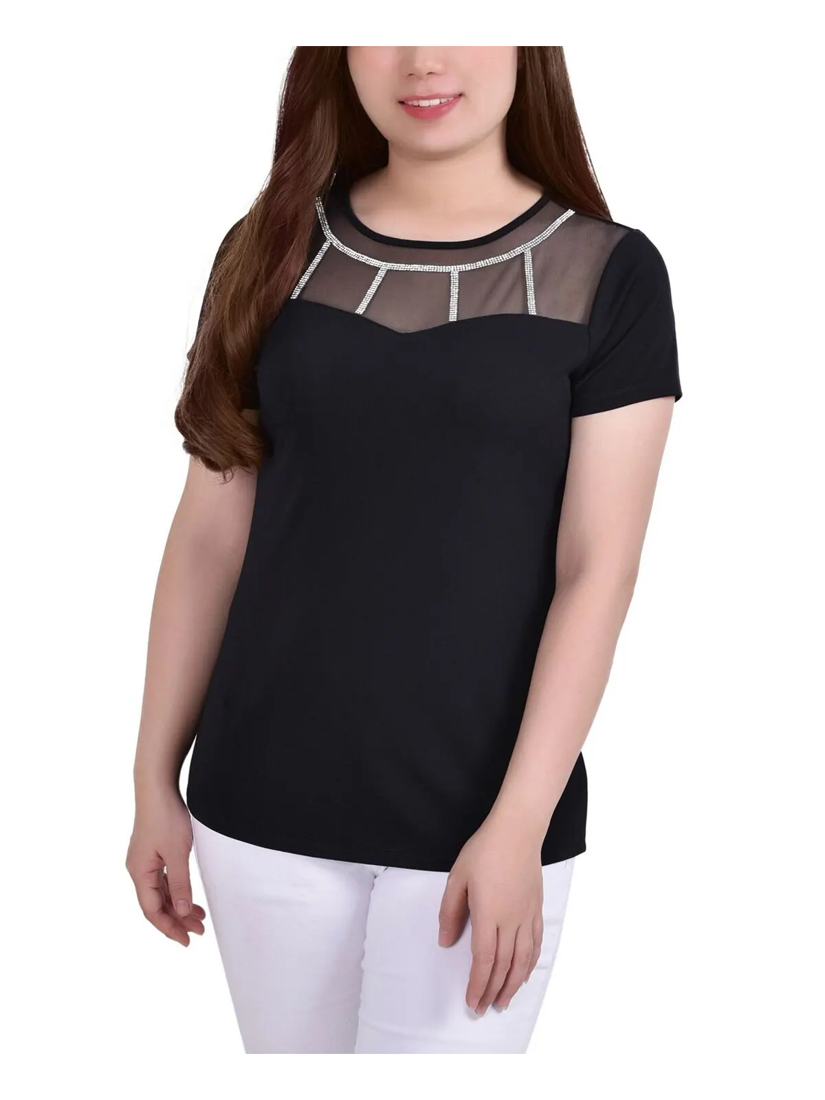 Топ petite из крепового трикотажа с короткими рукавами NY Collection — изображение 1 из 3, черный
