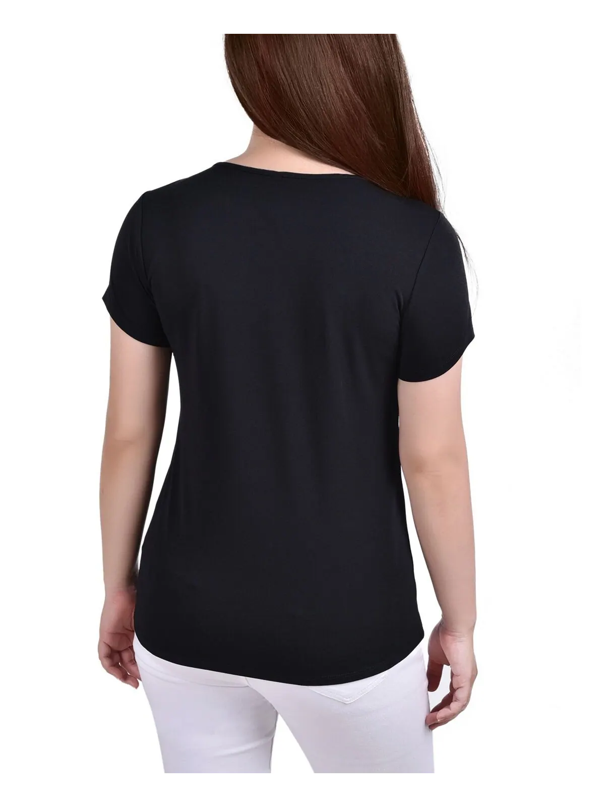 Топ petite из крепового трикотажа с короткими рукавами NY Collection — изображение 2 из 3, черный