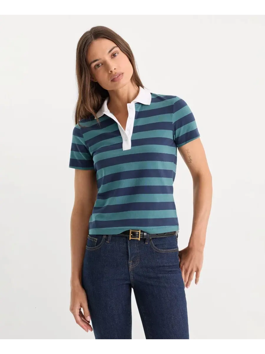Женское поло с коротким рукавом Good American, Summer Stripe Teal — изображение 1 из 4