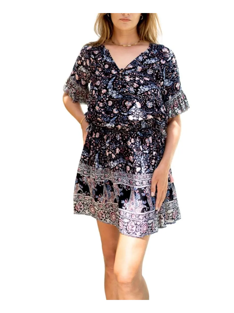 Женское мини-платье Flora с черным цветочным принтом Paneros Clothing, Night bloom — изображение 1 из 3