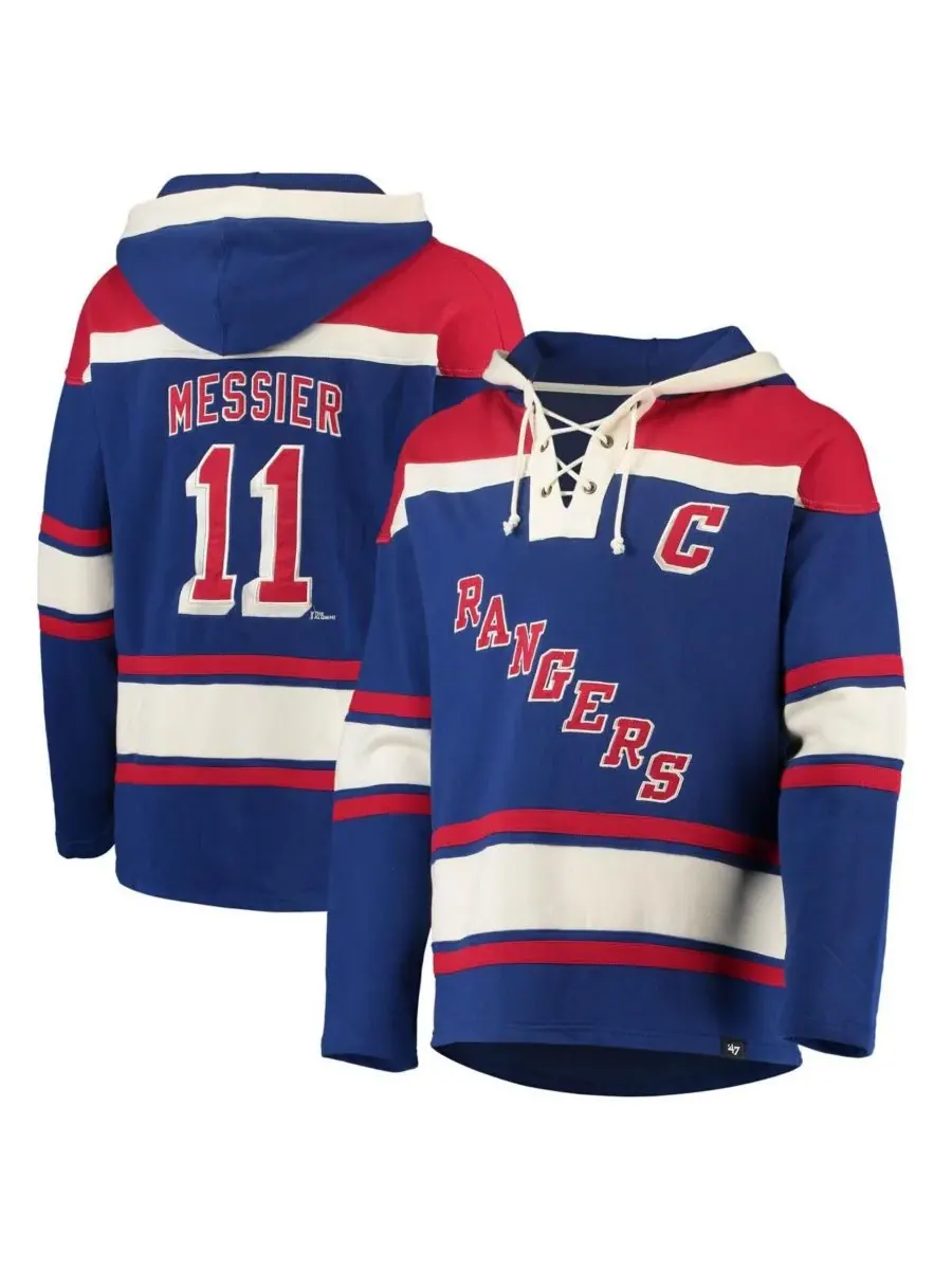 '47 Brand Мужская толстовка с капюшоном и шнуровкой Mark Messier Blue New York Rangers с именем и — изображение 1 из 4, синий