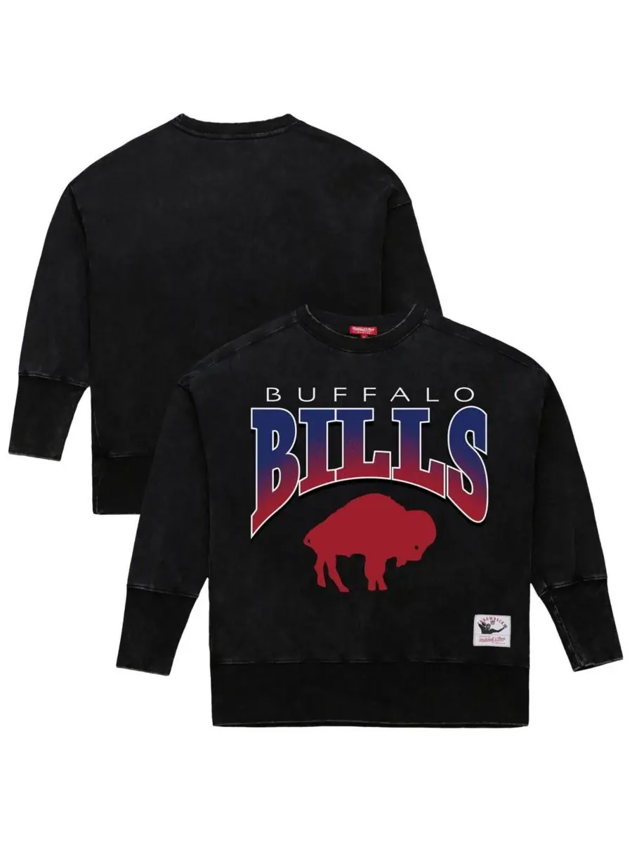 Mitchell & Ness Женская черная толстовка с круглым вырезом Buffalo Bills Delineate Mineral Wash — изображение 1 из 3, черный