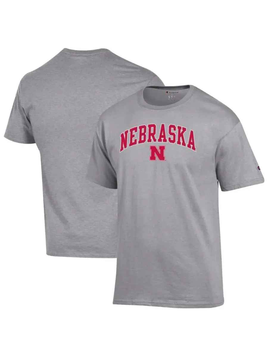 Champion Мужская футболка серого меланжевого цвета с логотипом Nebraska Huskers в виде арки — изображение 1 из 3, серый