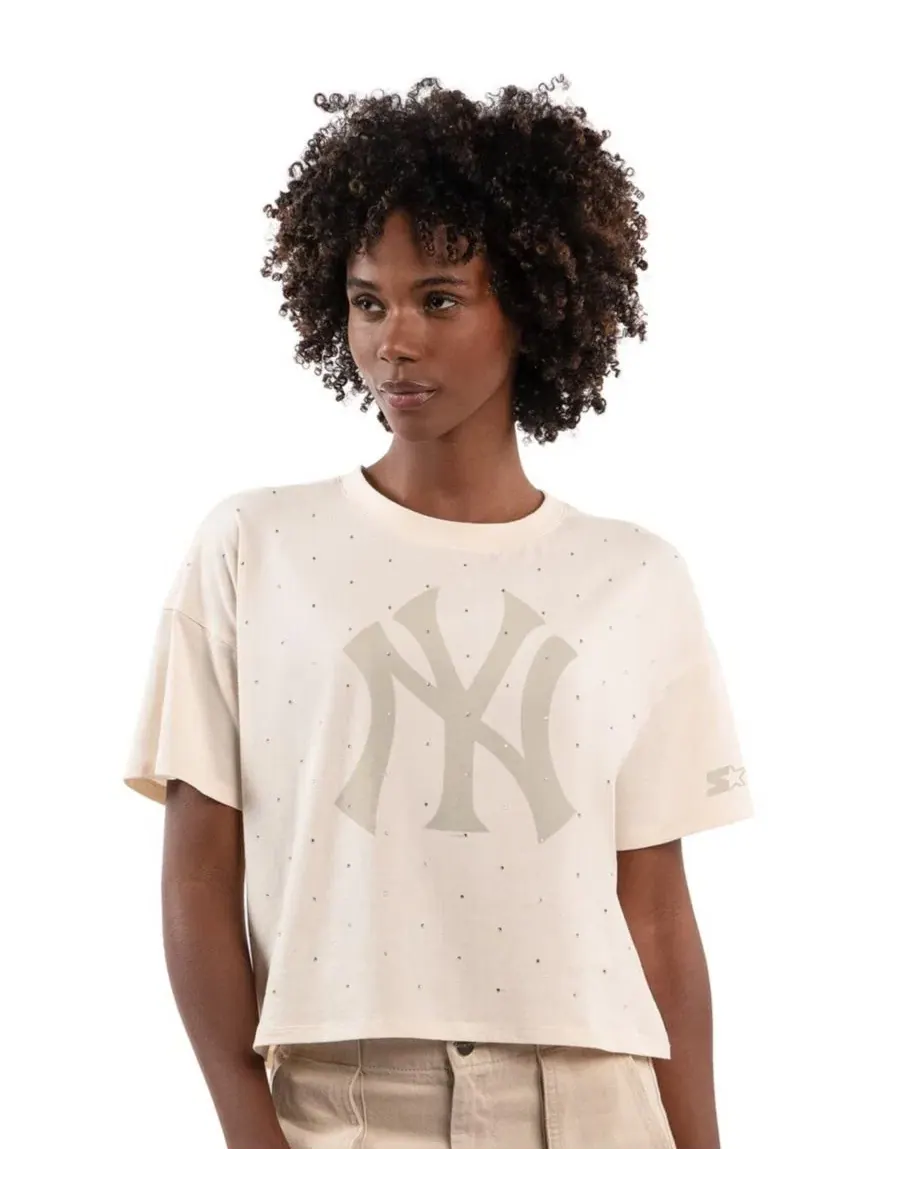 Женская укороченная футболка New York Yankees Rhinestone Sprinkle Boxy Cropped Starter — изображение 1 из 2, бежевый